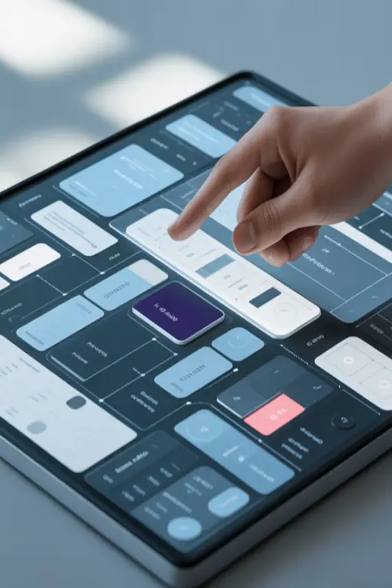 Person using touchscreen tablet interface.