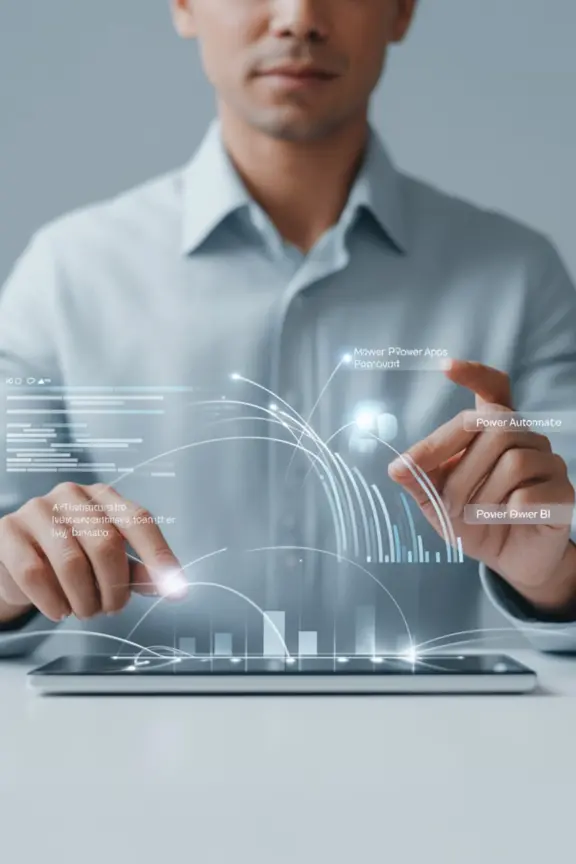 Man interacts with virtual data on tablet screen.