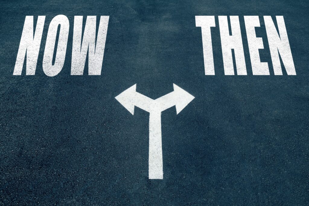 Road with 'Now' and 'Then' directional arrows