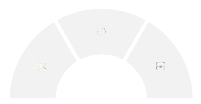 Semi-circle menu with icons: scissors, timer, contacts.