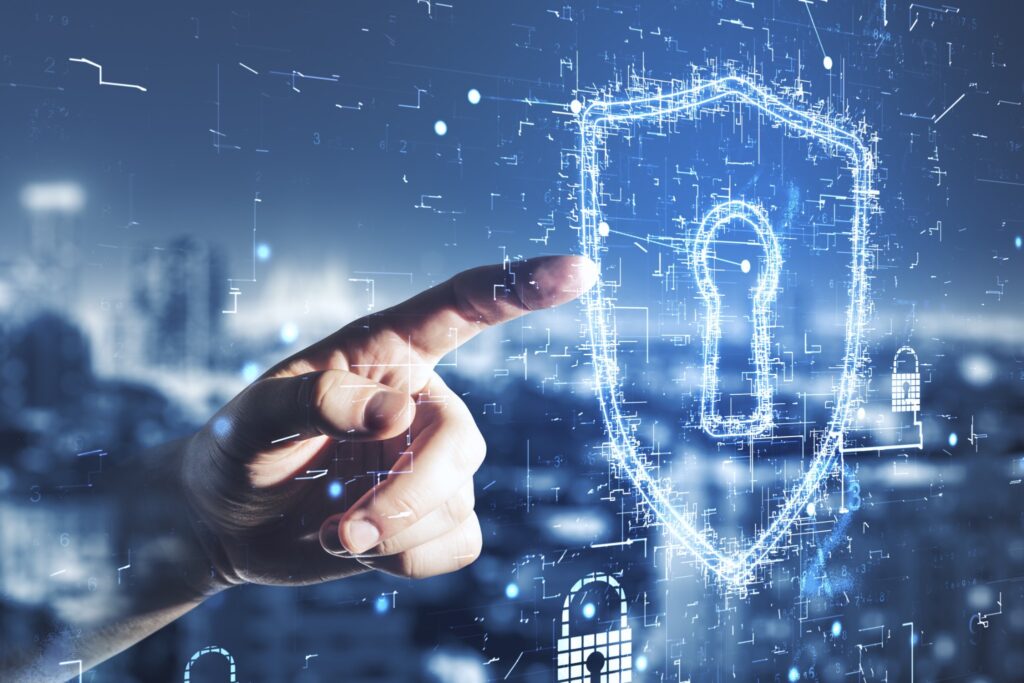 Finger berührt digitales Sicherheitssymbol