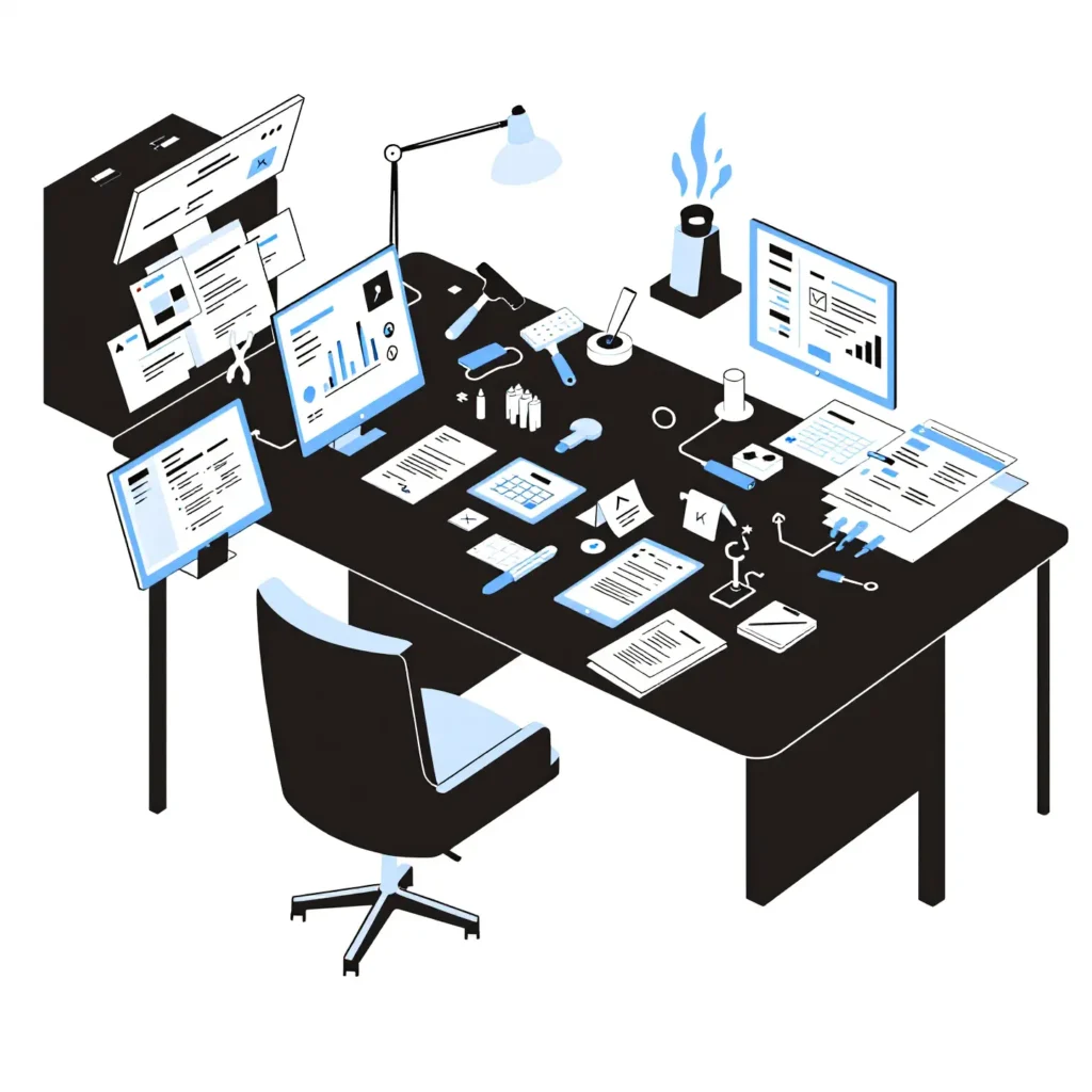 Modern office desk with digital devices and documents.